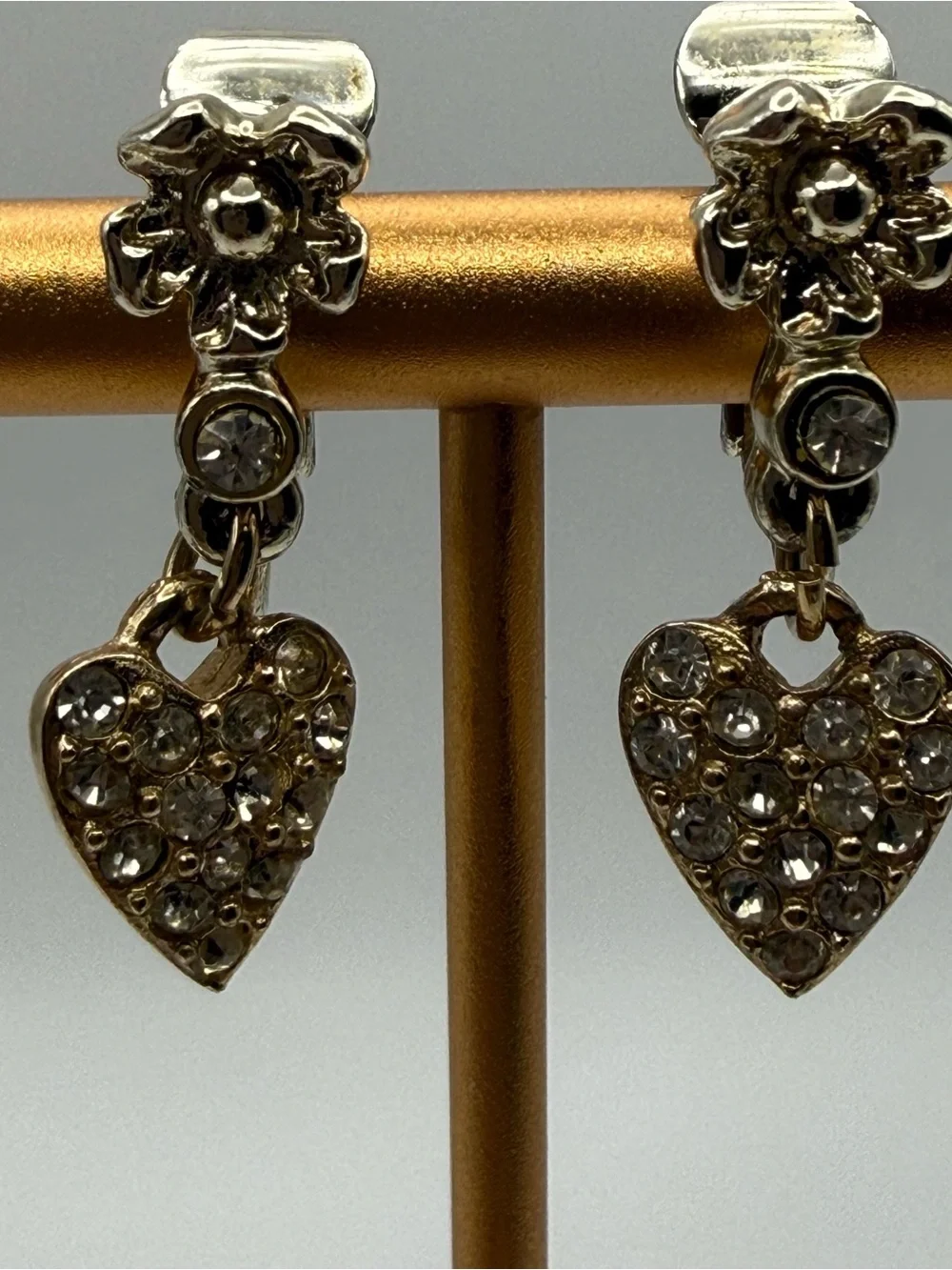 Vintage Sarah Coventry Rhinestone Heart Dangle Clip On Earrings Gold Tone